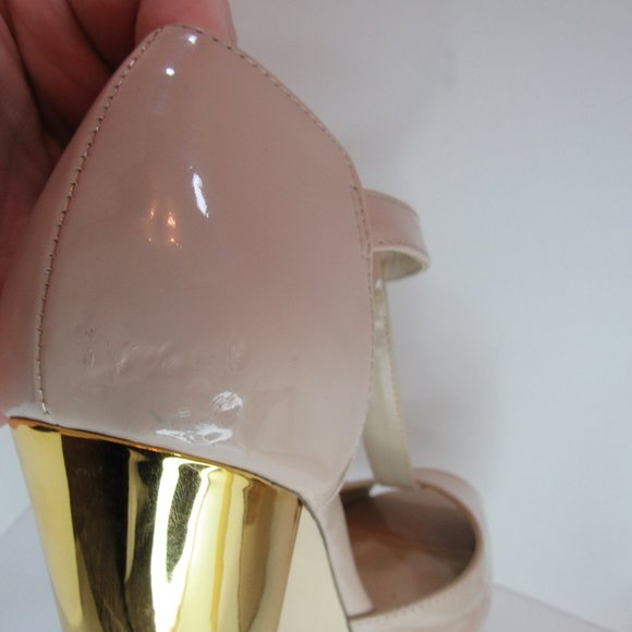 Steve Madden Dyvine Beige T Bar Peep Toe Platform Gold Heel Pumps - Picture 9 of 15
